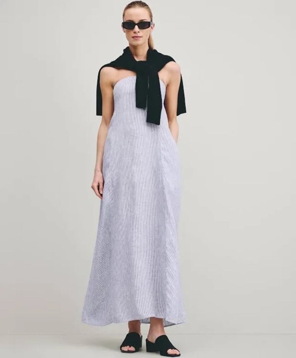 Quince 100% European Linen Strapless Maxi Dress Size M blue stripes